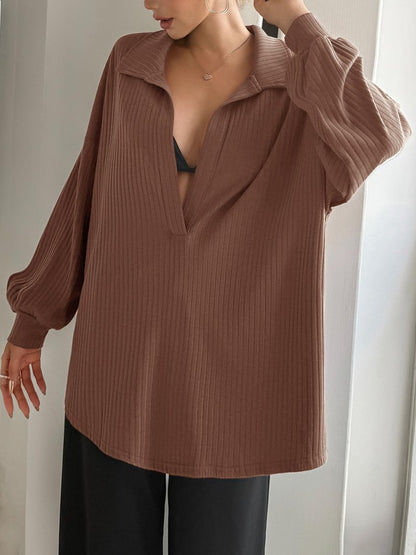 Fisoew Womens Oversized Deep V Neck Sweatshirts Casual Collared Long Sleeve Ribbed Knit Pullover Tops Brown