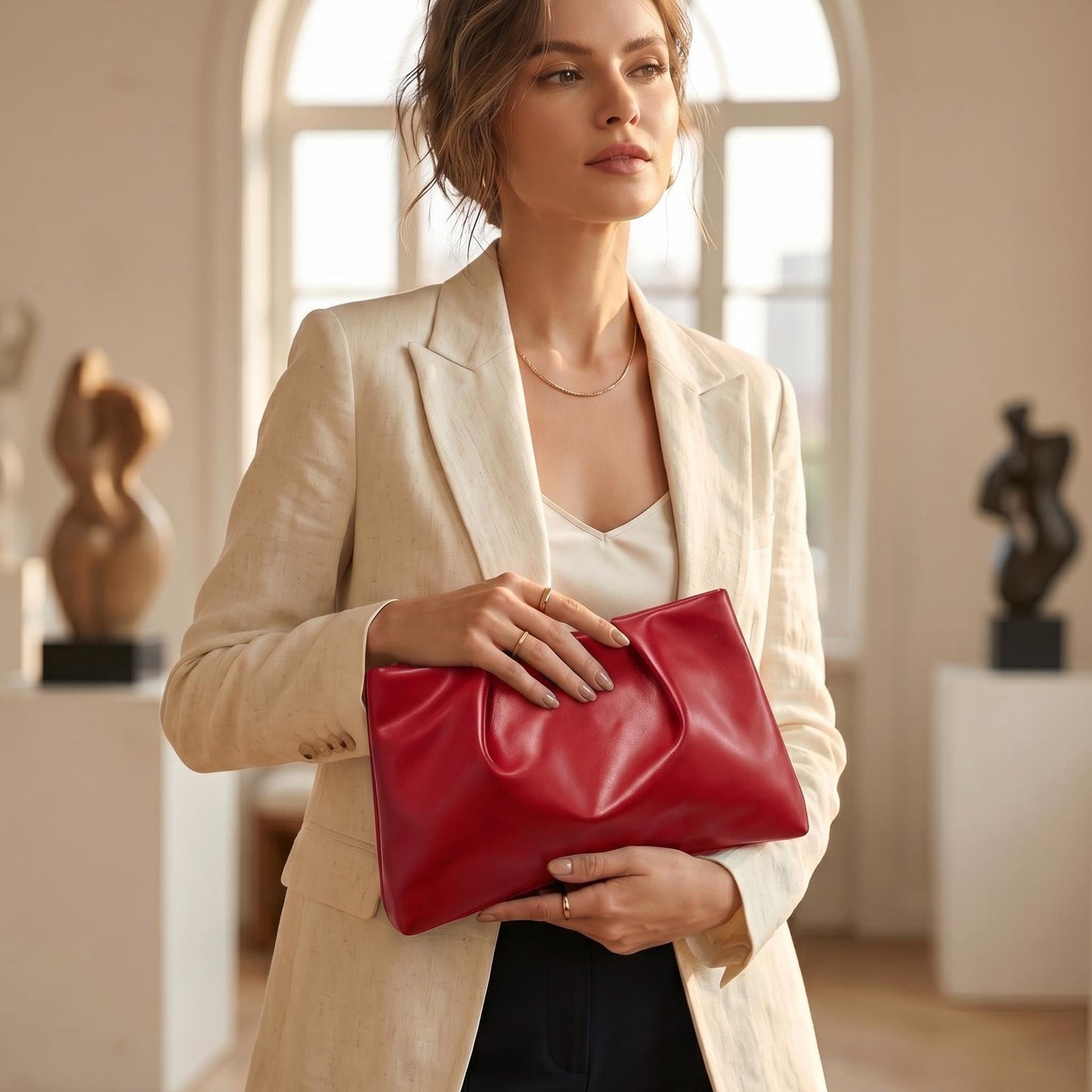 ARTLUXE Slouchy PU Leather Clutch Purse for Women Ruched Wine Red Evening Handbag with Zipper Closure for Wedding Cocktail Party and Business