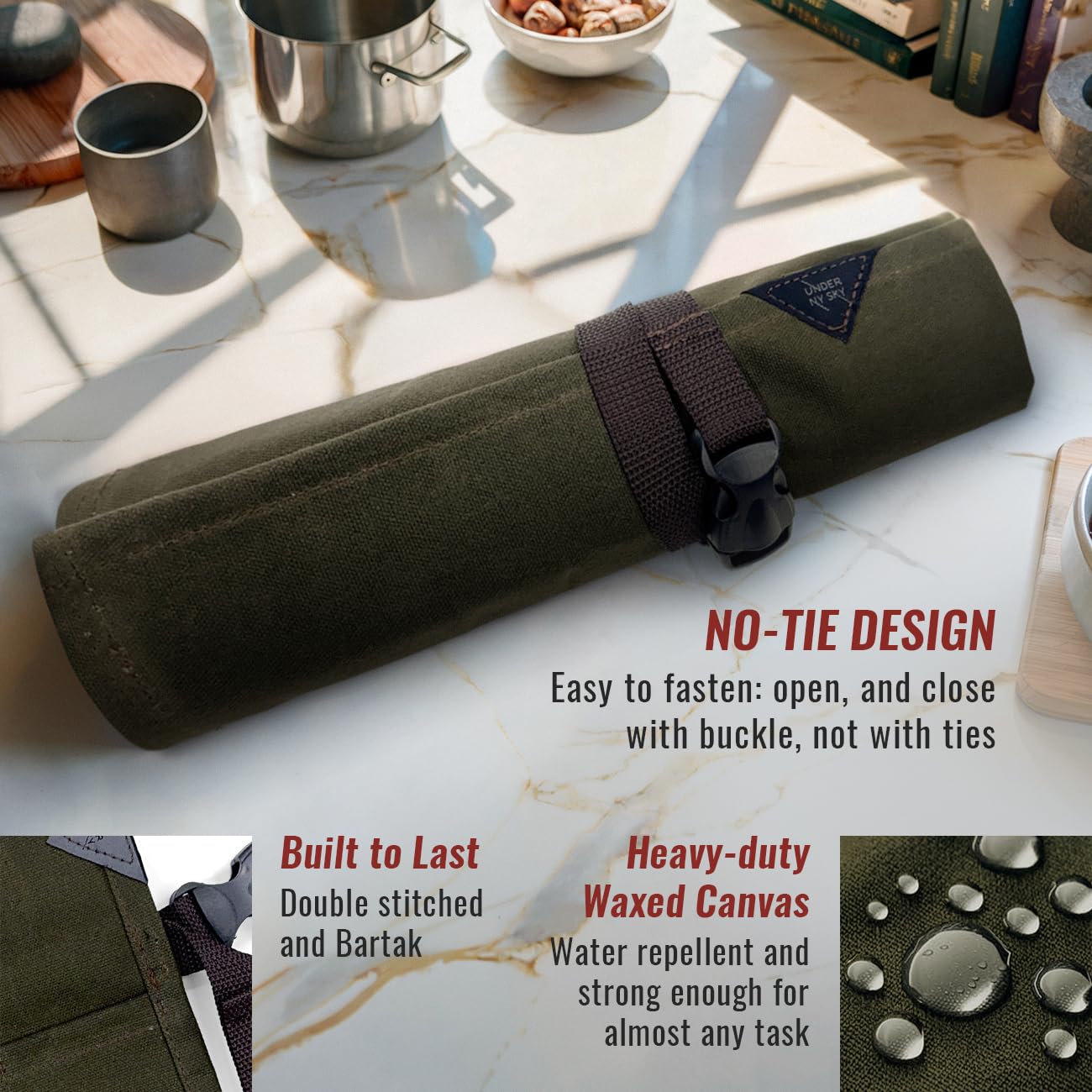 Under NY Sky Knife Roll Case - 3 Slots - Heavy Duty Waxed Canvas Pouch - Leather Reinforced - Portable Bag for Cooking Tools, Utensils, Cutlery Knives, Brushes - Chefs, Kitchen, Travel, Gift - GreenCV