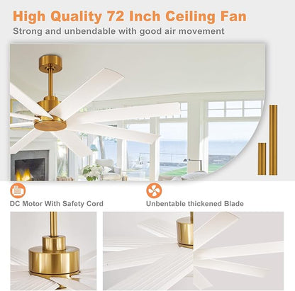 Depuley 72 inch Ceiling Fan without Light, Modern Large Ceiling Fan No Light with Remote Control, Indoor Ceiling Fans for Office Kitchen Living Room, 8 Blades 5-Speed Quiet Reversible DC Motor