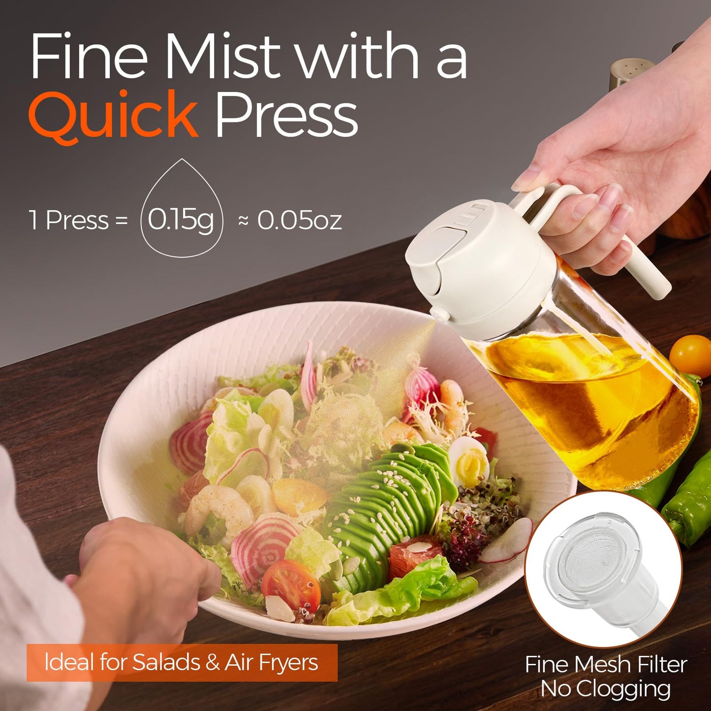 YRRAMATE 16oz/470ml Glass Olive Oil Sprayer for Cooking with Stickers, 2 in 1 Oil Dispenser for Kitchen Gadgets, Food Grade Premium Spray Bottle for Salad, Frying, BBQ (Creamy White)