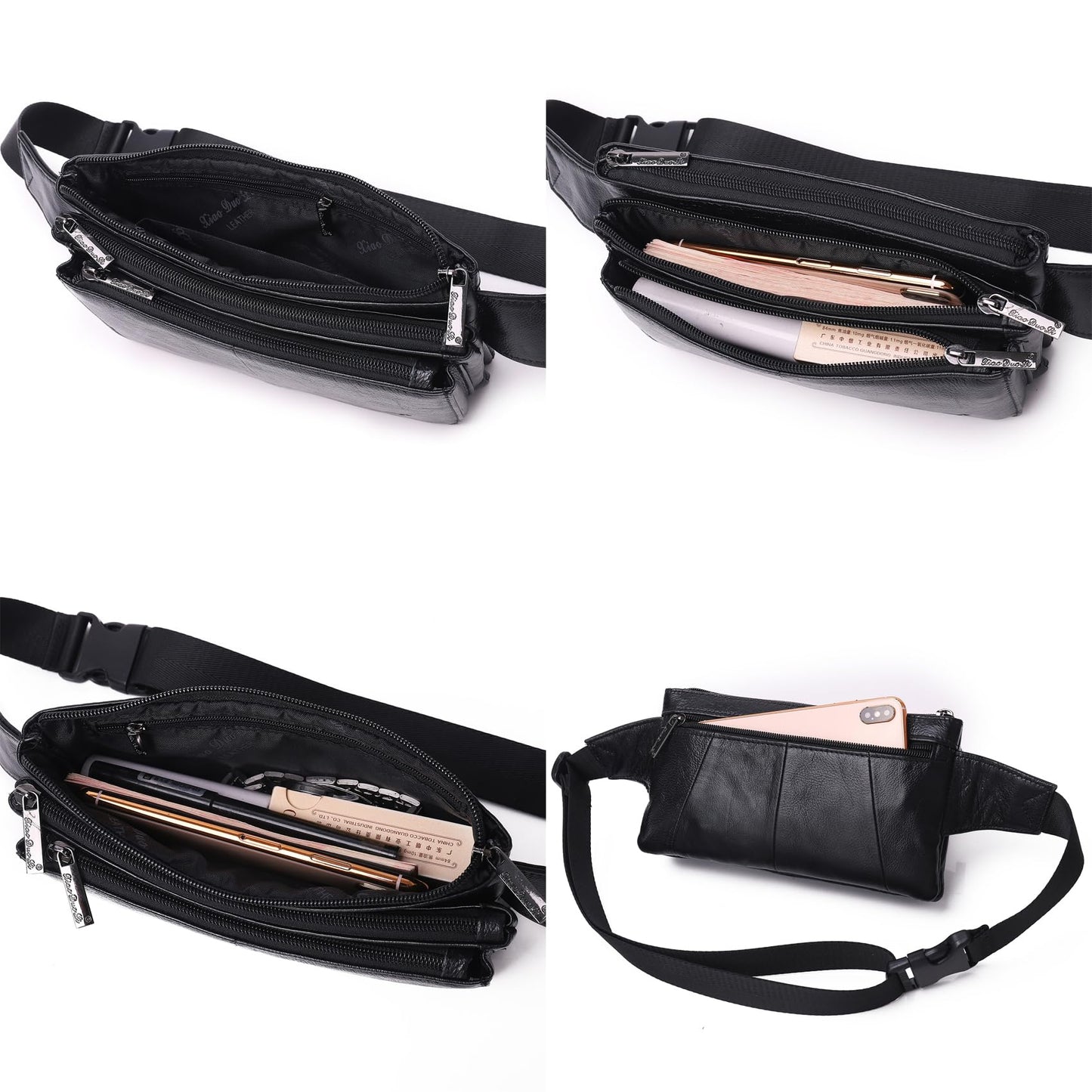 KPYWZER Vintage Leather Fanny Pack Waist Bag for Men Women Outdoor Travel Hunting Hiking Camping Hip Bum Belt Cell Phone Purse Wallet Pouch Retro Crossbody Sling Pouch Black
