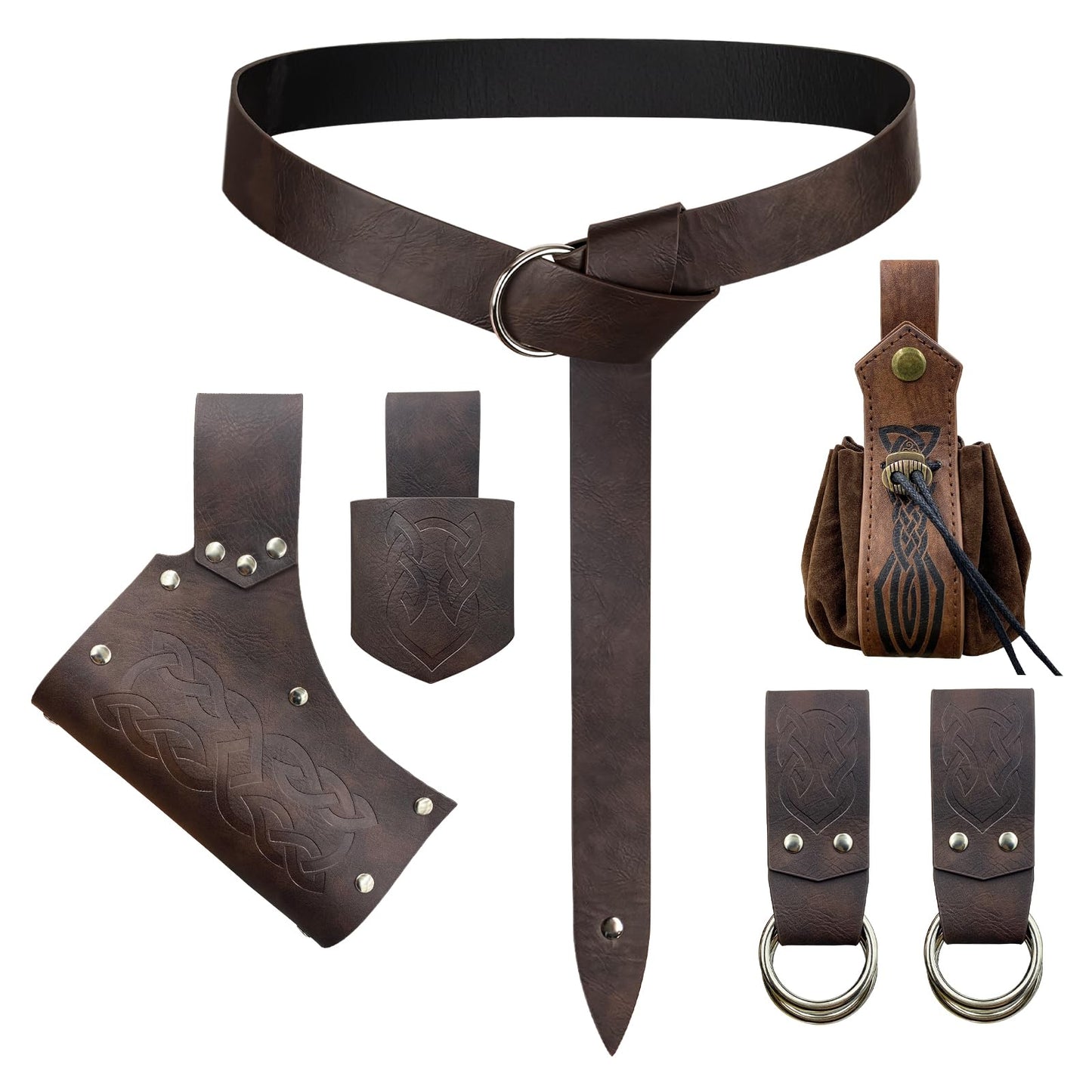 EpicCos 6 PCs Renaissance Belt Costume Medieval Accessories Belt Pouch Skirt Hiking Sword Frog Viking Horn Holster (Brown A)