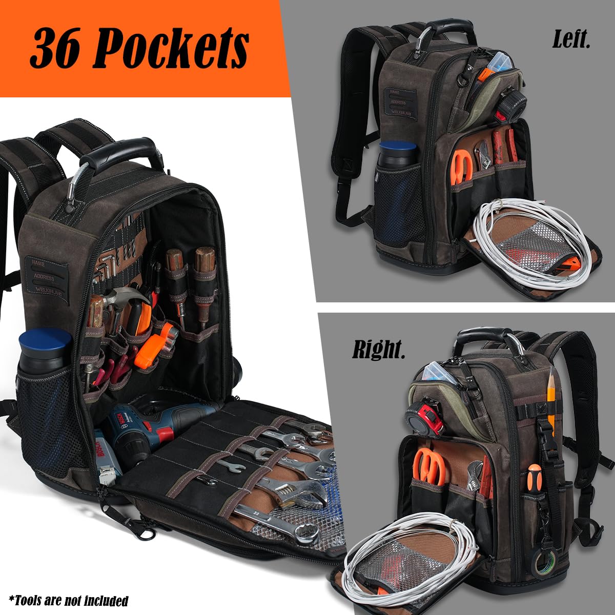 WELKINLAND 36-Pockets Electrician Backpack, Hard-Based HVAC Backpacks, Waxed-Canvas Technician Backpack, Heavy-Duty Tool Backpacks For Men