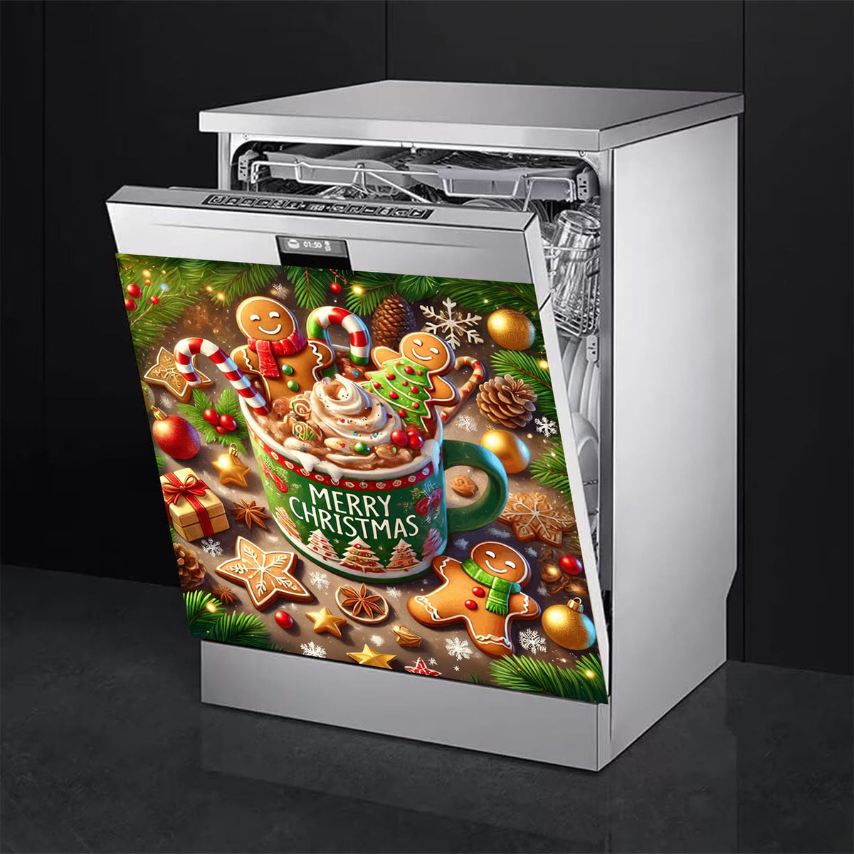 BVBOX Christmas Dishwasher Magnet Cover 23"x26", Reusable Magnetic Refrigerator Covers, Dishwasher Magnets Decorative Cover Fridge Door Skin Panel Stickers (Gingerbread Man Cocoa)