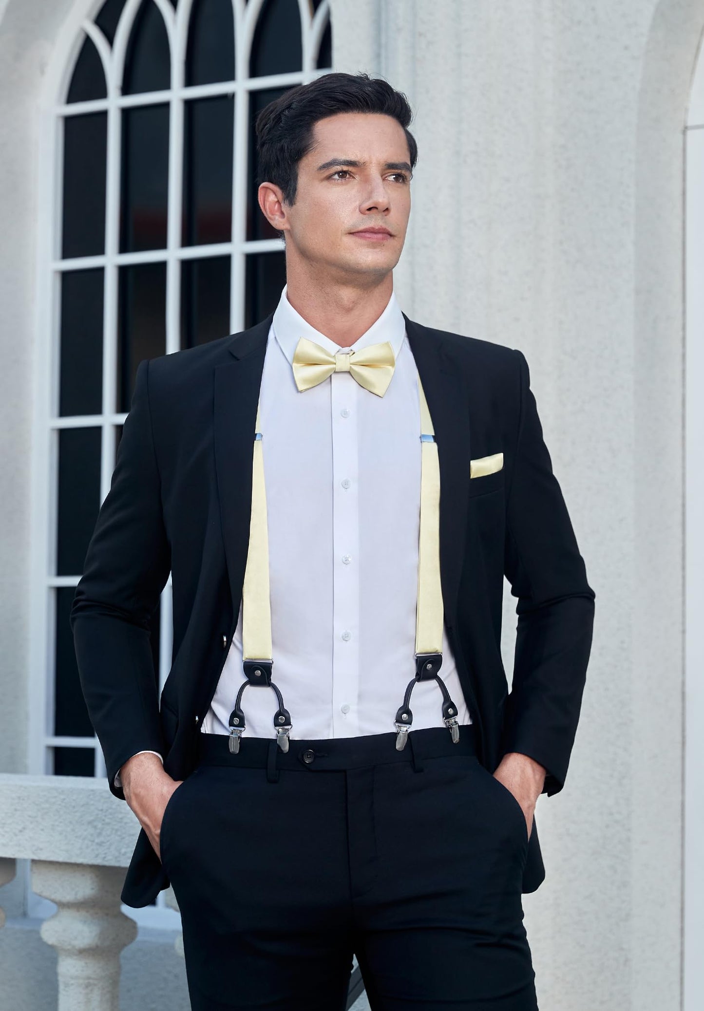 HISDERN Champagne Bow Tie & Suspenders for Men Light Gold Suspender Bowties Pocket Square Set Adjustable Y Shape 6 Strong Clips Braces Formal Wedding