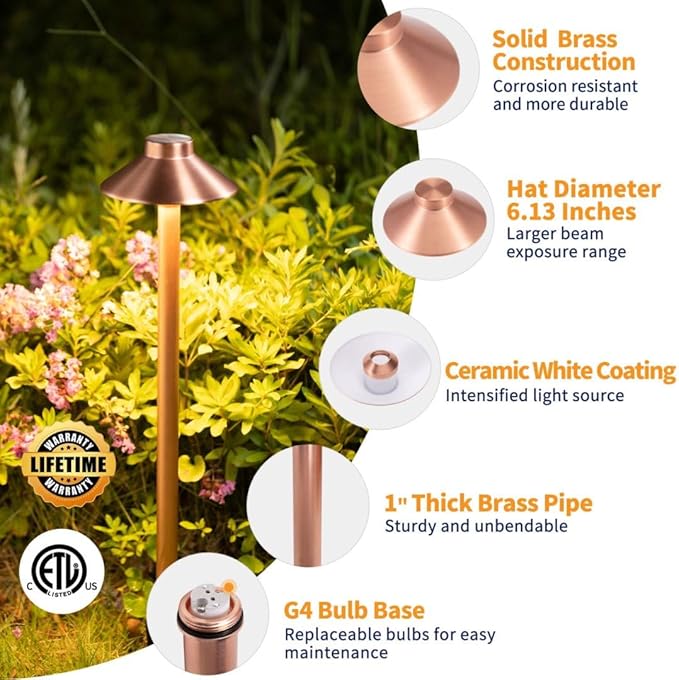 Gardenreet Brass Path Lights Copper, Low Voltage LED Landscape Pathway Lights, 12V Outdoor Waterproof Landscape Lighting(Hat) for Walkway Driveway Garden Yard with 3W 2700K Warm White LED G4 Bulb