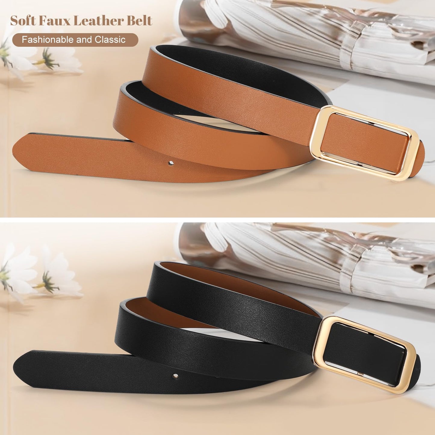 SUOSDEY Women Reversible Leather Belts for Jeans Pants Dresses Ladies Fashion Belts with Gold Buckle,Width 0.9"
