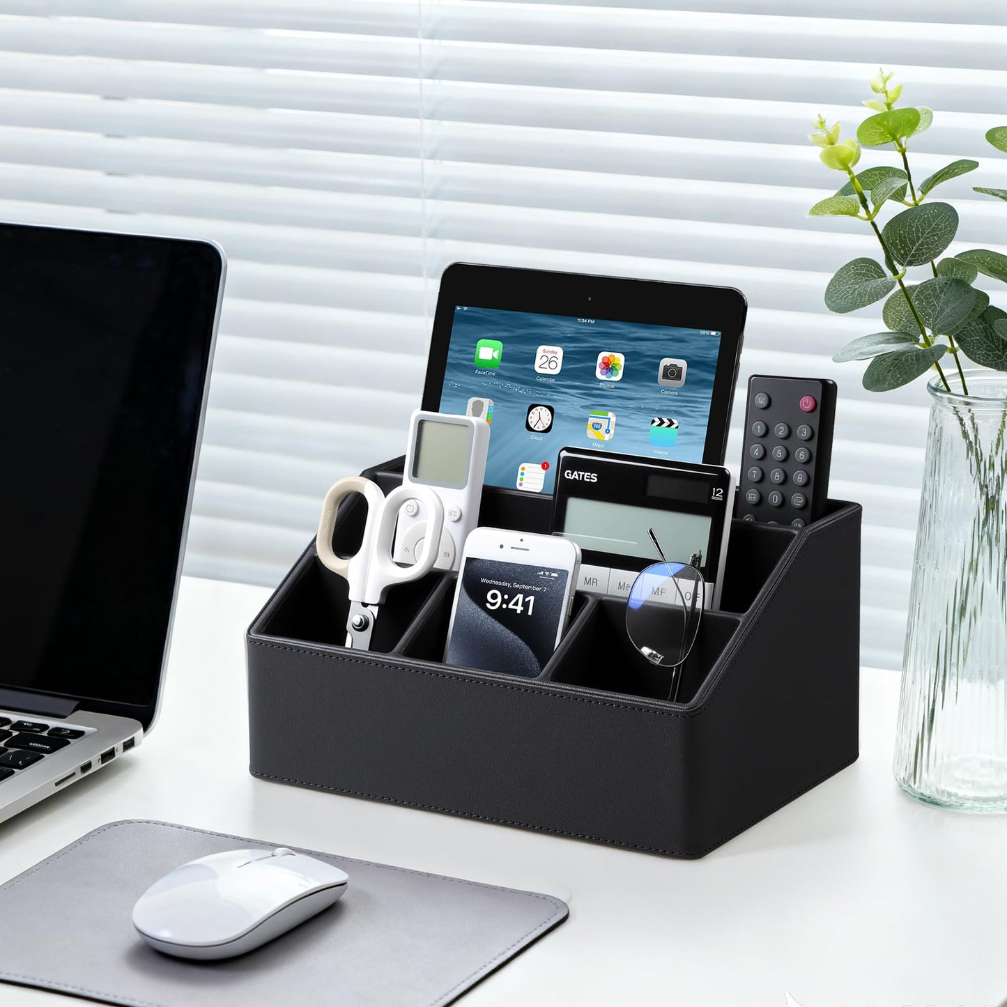 Cretkhp Desk Organizer Caddy with 5 Compartments for Office Art Supplies, PU Leather Nightstand Organizer Pencil Pen Desk Caddy for Home, Desktop TV Remote Control Holder Storage (Black)