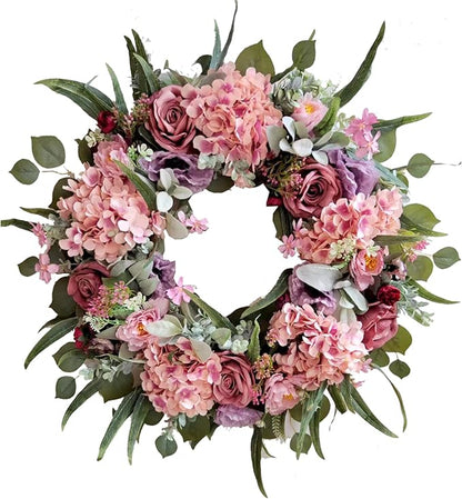 WANNA-CUL 24 Inch Spring Hydrangea Wreaths for Front Door,Spring Front Door Wreath with Rustic Pink Rose and Peony Flower for Wedding or Indoor&Outdoor Decoration