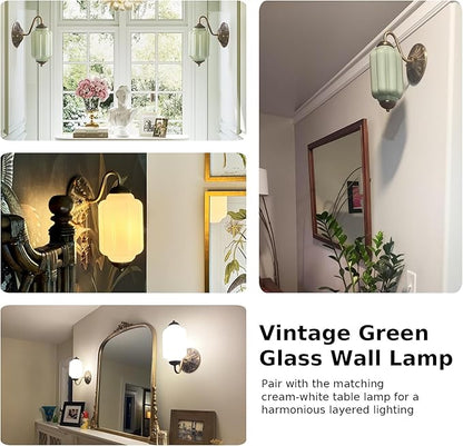 Antique Gold Milk Glass Wall Sconce - Vintage Green Shade & Brass Finish Base - Indoor Wall Lighting Fixture for Living Room, Bedroom, Bathroom, Hallway, Entryway (Green)