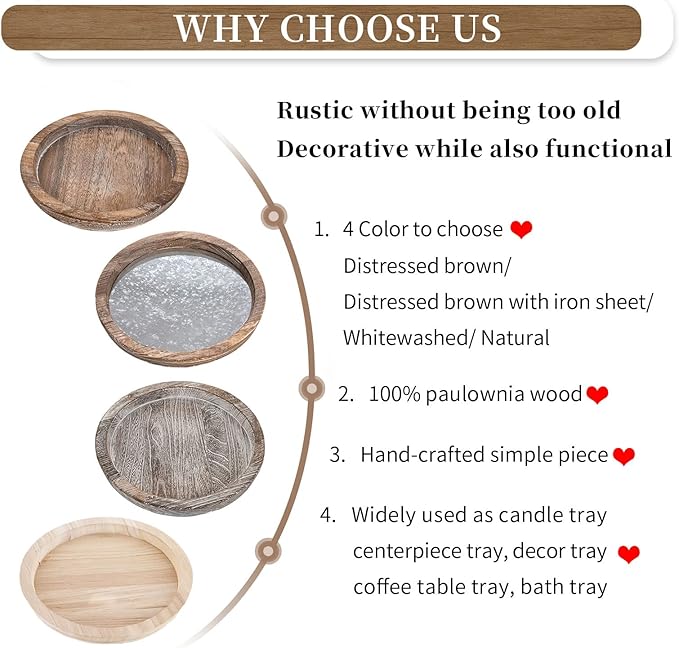 Hanobe Rustic Wooden Serving Tray Set of 2 Round Wood Butler Decorative Tray Whitewash Centerpiece Candle Holder Trays Farmhouse Ottoman Tray for Decor Kitchen Counter Home Decor for Coffee Table