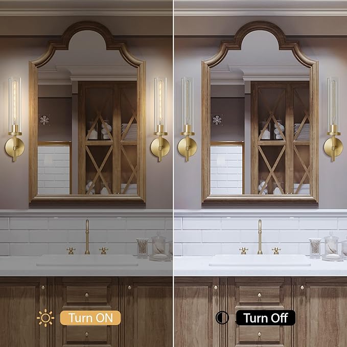 Gold Wall Sconces Set of Two, 19.48" Knurled Gold Wall Lighting with Glass Tube, Modern Brass Sconces Wall Lamp for Bedroom Living Room Bathroom Hallway Staircase & Vanity Mirror(Including Bulb)