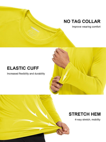 Rash Guard Men Long Sleeve Sun Protection Shirt Men Athletic T-Shirt Running Shirts UV Shirts for Men Sun T-Shirt Yellow