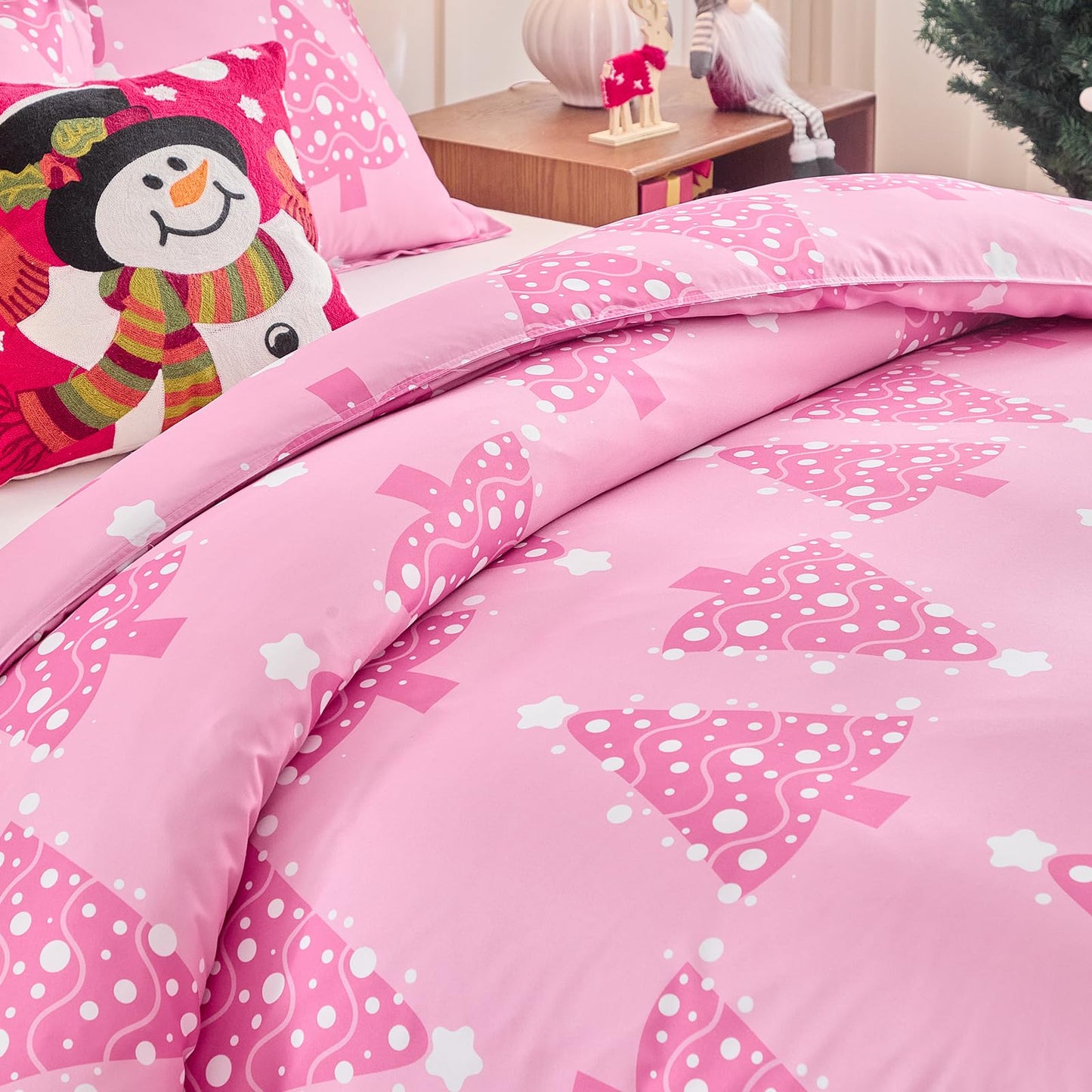 Joyreap 3pcs Christmas Duvet Cover Set King, Pink Xmas Tree Design Bedding Set, Includes 1 Duvet Cover and 2 Pillow Shams