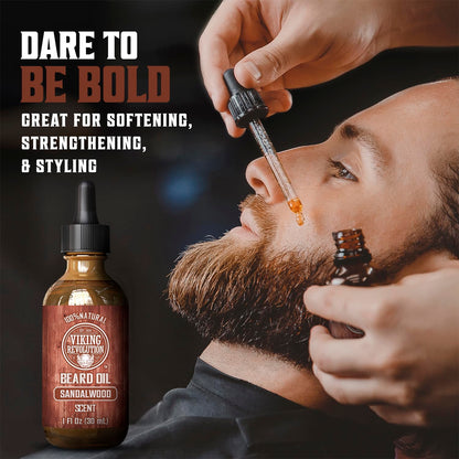 Viking Revolution Sandalwood Beard Balm for Men (2oz) and Sandalwood Beard Oil (1 fl oz) Bundle - With Argan and Jojoba Oils - Soften and Moisturize - Stocking Stuffers for Men