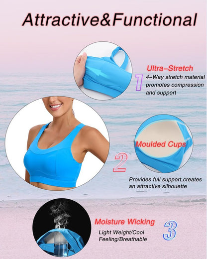 RUNNING GIRL High Impact Sports Bras for Women,Racerback Running Bra Workout Crop Tank Tops Longline Sports Bra Push up(WX2667 Bright Blue L)