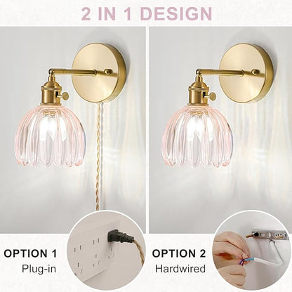 Plug in Wall Sconce, Vintage Sconce Light with Tulip Pink Glass Lampshade, 180° Adjustable Wall Sconce with Switch and Plug in Wall Lamp Cord, Gold Wall Light for Bedroom Bedside