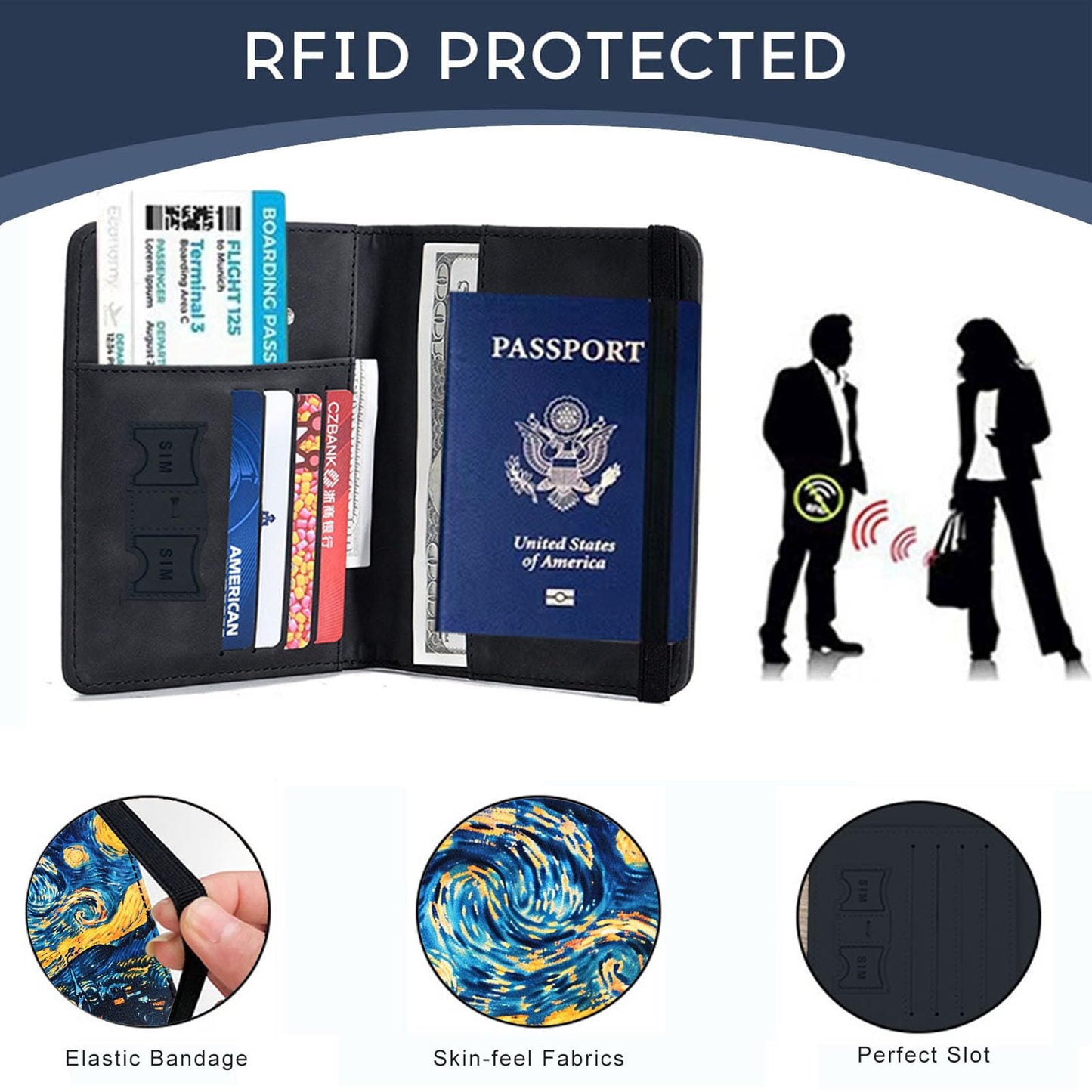 Bxgolkgd Passport Cover,RFID Blocking,Large Capacity Multi-Slot Travel Passport Wallet for Men & Women - Van Gogh Starry Night Art