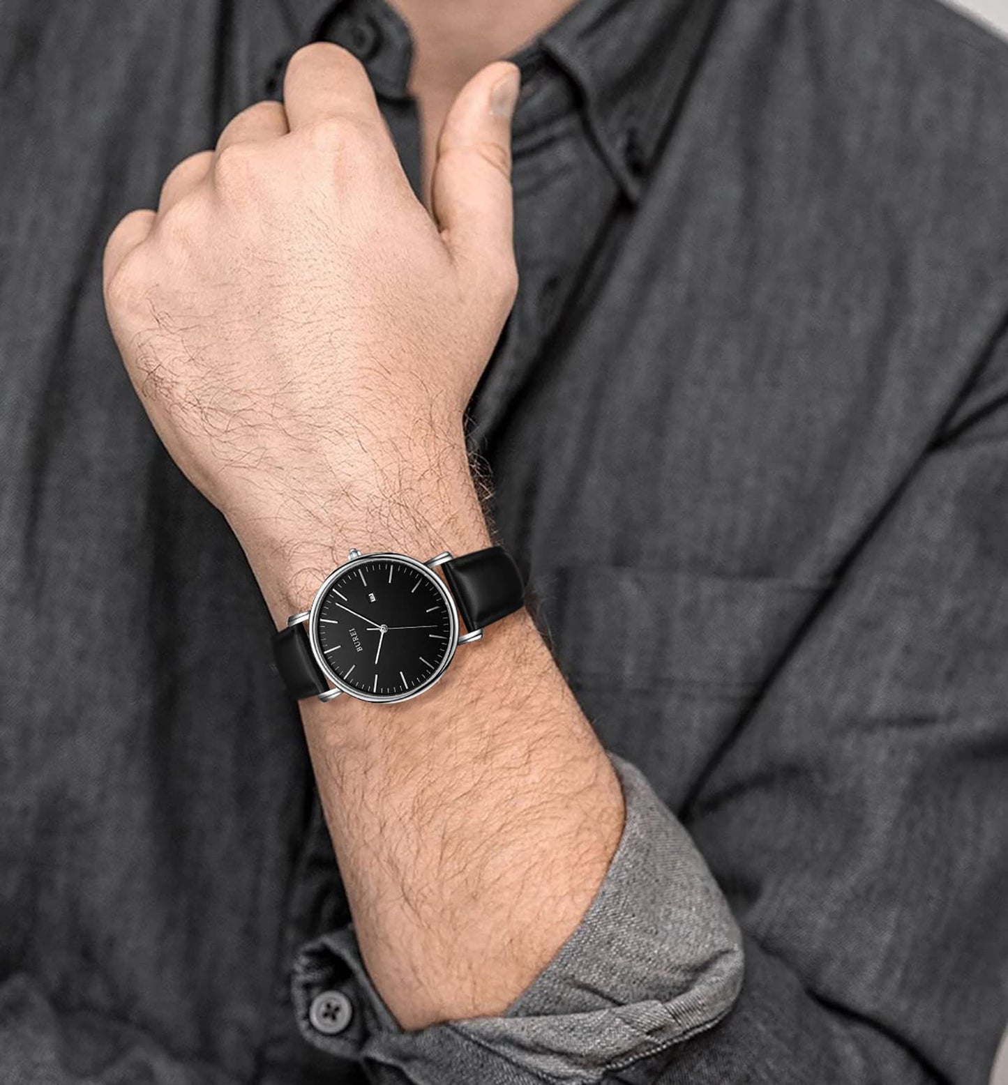 BUREI Ultra Thin Minimalist Men Leather Watch, 3ATM Waterproof Business Casual Wrist Watch, Gift for Father