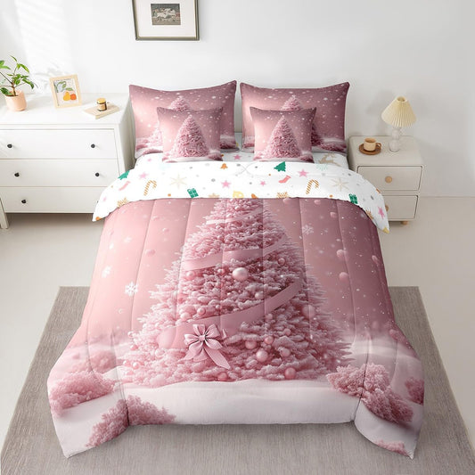 Manfei Pink Xmas Tree 7 Pieces Comforter Set Full,Kawaii Bowknot Snowflake Bedding Set for Bedroom Decor,Merry Christmas（Comforter+Fitted+Flat Sheet+2 Pillowcases+2 Throw Pillow Covers）
