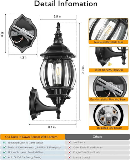 VIANIS Outdoor Garage Lights Wall Mount, Dusk to Dawn LED Outdoor Lighting Wall Lanterns for Porch, Black Exterior Light Fixture, Waterproof Outdoor Sconce Lights, Outside Light for House 2 Packs