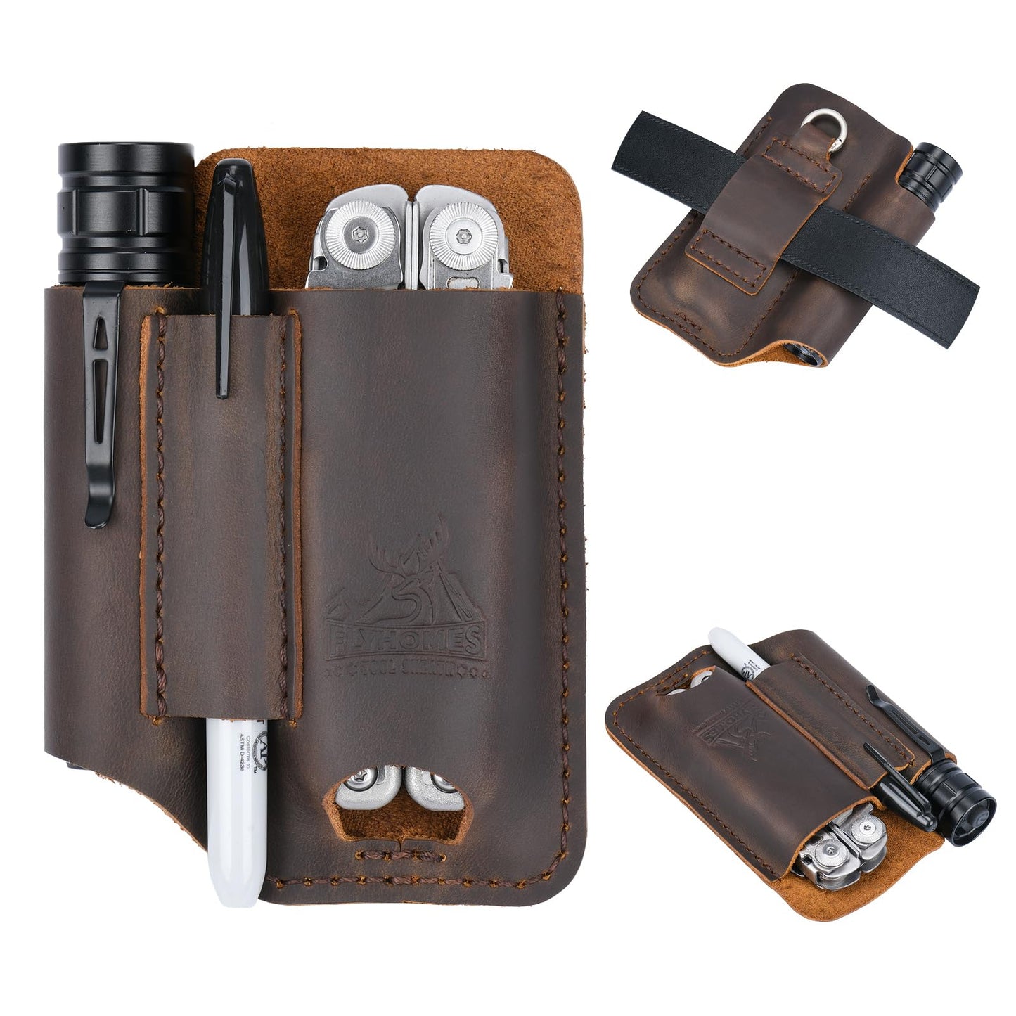 FLYHOMES Genuine Leather Multitool Sheath | Handmade Stitched EDC Belt Organizer for Leatherman Surge & Wave+ | Multi Tool Holster & Pen | Tools Pouch (Dark Brown)