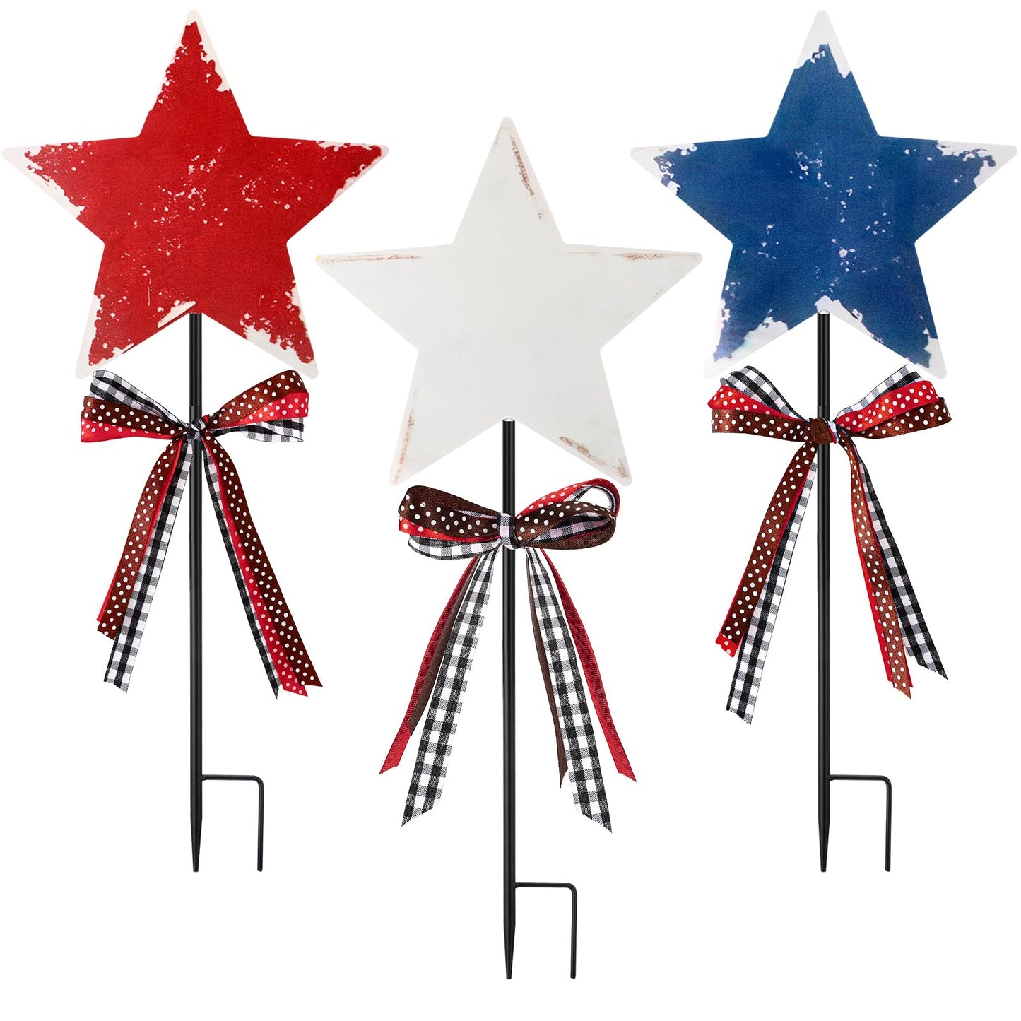 Amyhill 4th of July Outdoor Decor Patriotic Star Metal Garden Stakes Welcome Yard Signs Retro Red White Blue American Star Garden Stakes for 250th Anniversary Patio Lawn Walkway Outside Decorations