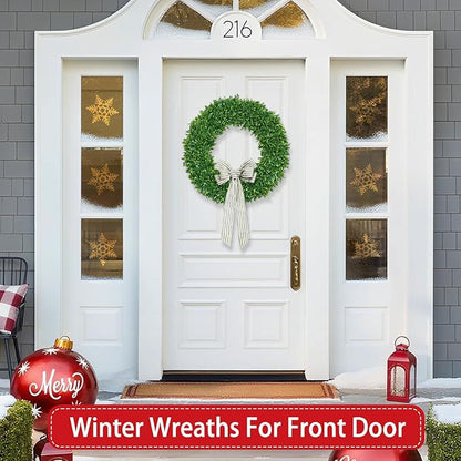 22 Inch Christmas Wreath Boxwood Wreath Realistic with Welcome Sign Faux Green Preserved Boxwood Wreaths Outdoor Spring Fall Winter Wreaths for Front Door Outside for Porch Farmhouse Wall Home Decor