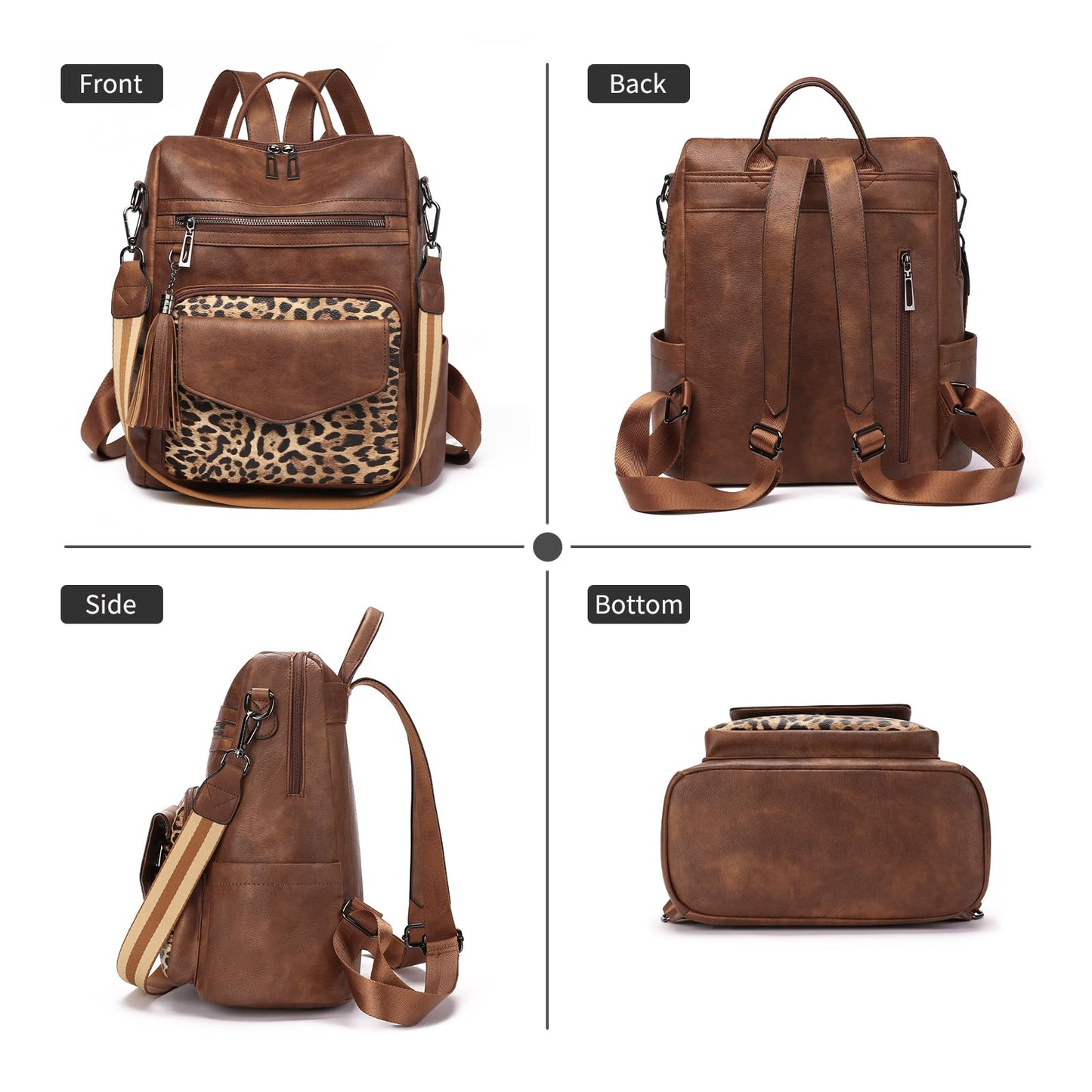 GAEKEAO Backpack Purse for Women Fashion Leather Designer Travel Backpack Purses Convertible Shoulder Bag with Wristlet (Brown With Leopard)