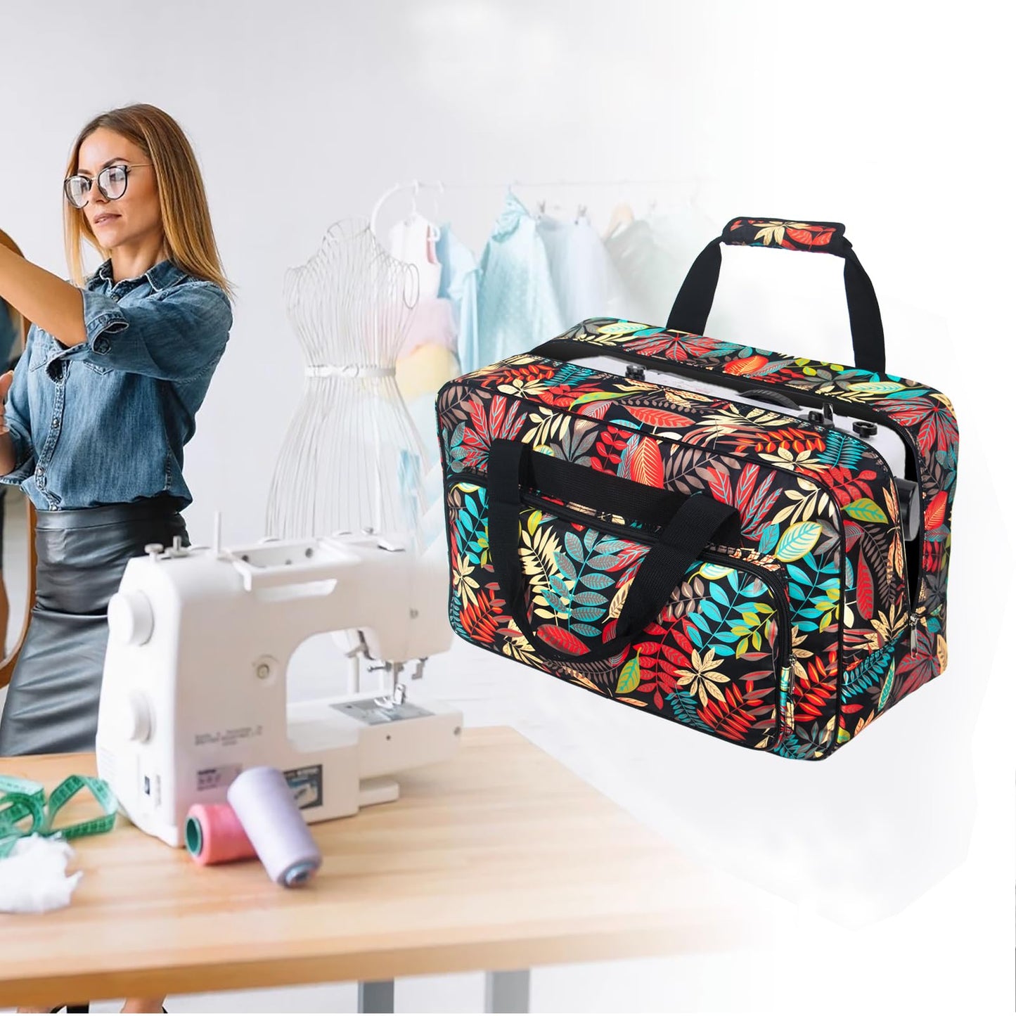 Haroranax Sewing Machine Carrying Case，Sewing Machine Carrying Case Tote Bag，Universal Tote Storage Bag with Pockets and Handles, Suitable for Most Standard Singer, Janome (Black)