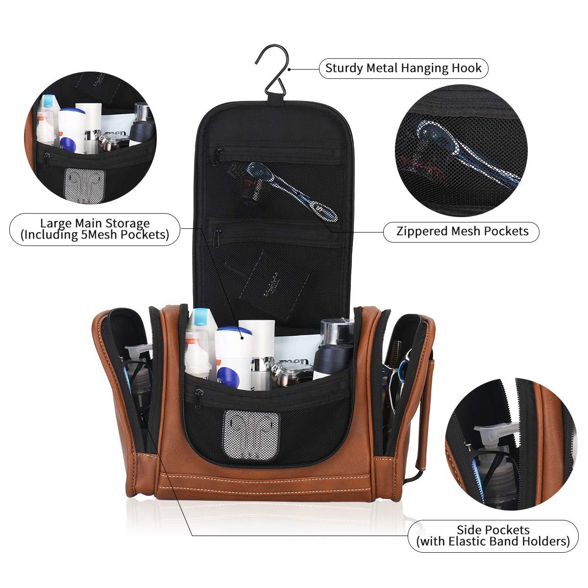 MIRASON Travel Toiletry Bag, Hanging Toiletry Bag for Men, Leather Travel Shower Bag for Toiletries Dopp Kit Bathroom Bag with Metal Hook, Gift for Men (Brown)