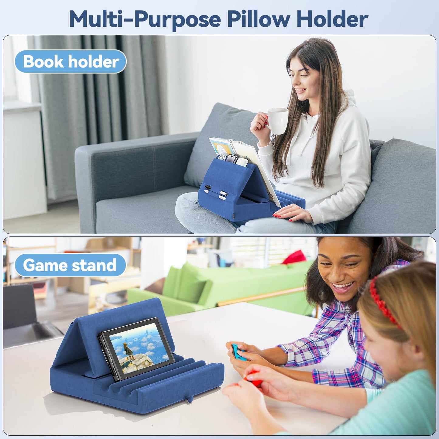 KDD Tablet Pillow Holder, Foldable iPad Stand for Lap, Bed and Desk -Tablet Soft Pad Dock with Pocket & Stylus Mount Compatible with iPad Pro 12.9, 10.5, 9.7 Air Mini 6 5 4 3, Galaxy Tab,E-Reader