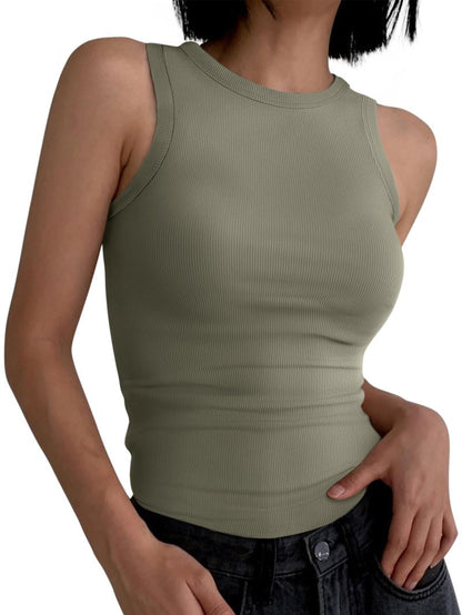 ANRABESS Womens Sleeveless High Neck Tank Tops Fashion Summer Casual Basic Slim Fit Ribbed Racerback Top Shirt Clothes Olive-X-Small