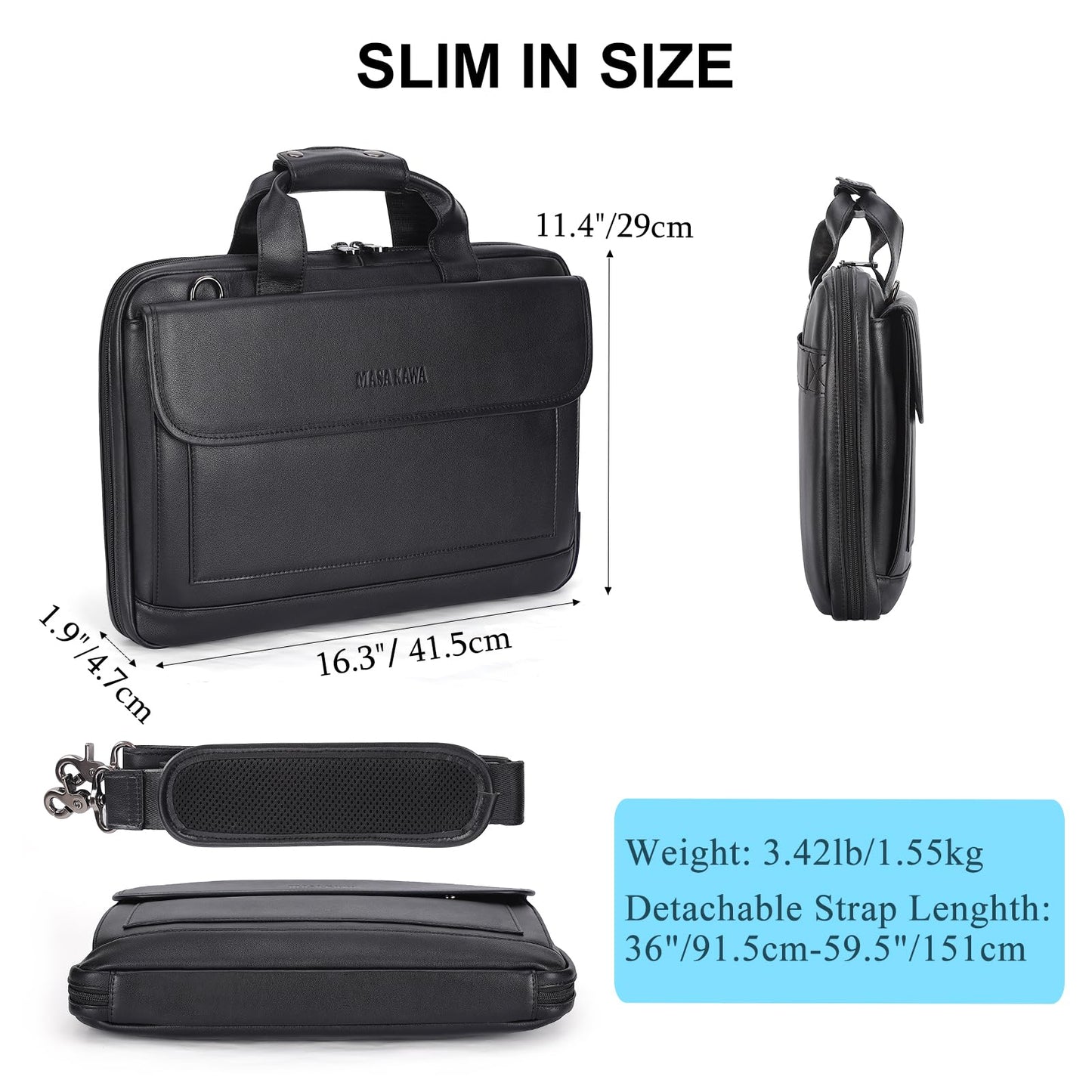 Masa Kawa Leather Briefcase for Men Slim 15.6" Laptop Bag Waterproof Crossbody Shoulder Messenger Computer Attache Case for Business Work, Black
