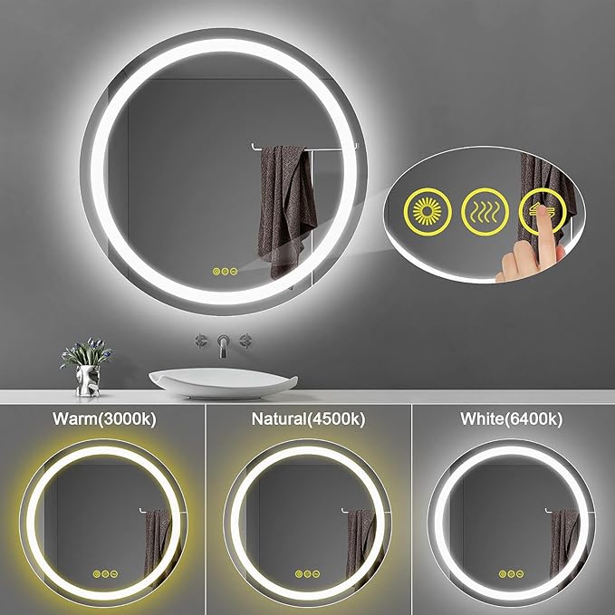 OKISS Round Bathroom Mirror with Lights 24 Inch 3000K/4500K/6400K Wall Vanity Mirror with Anti-Fog Round Led Mirror 3 Color, Dimmable, Memory Smart Touch Button