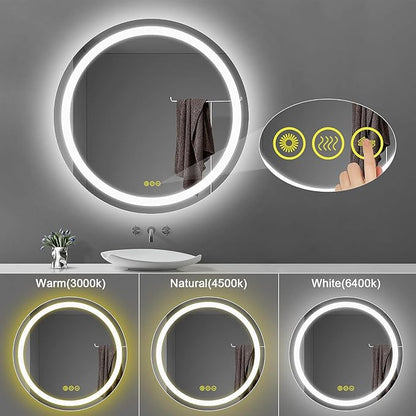 OKISS Round Bathroom Mirror with Lights 24 Inch 3000K/4500K/6400K Wall Vanity Mirror with Anti-Fog Round Led Mirror 3 Color, Dimmable, Memory Smart Touch Button