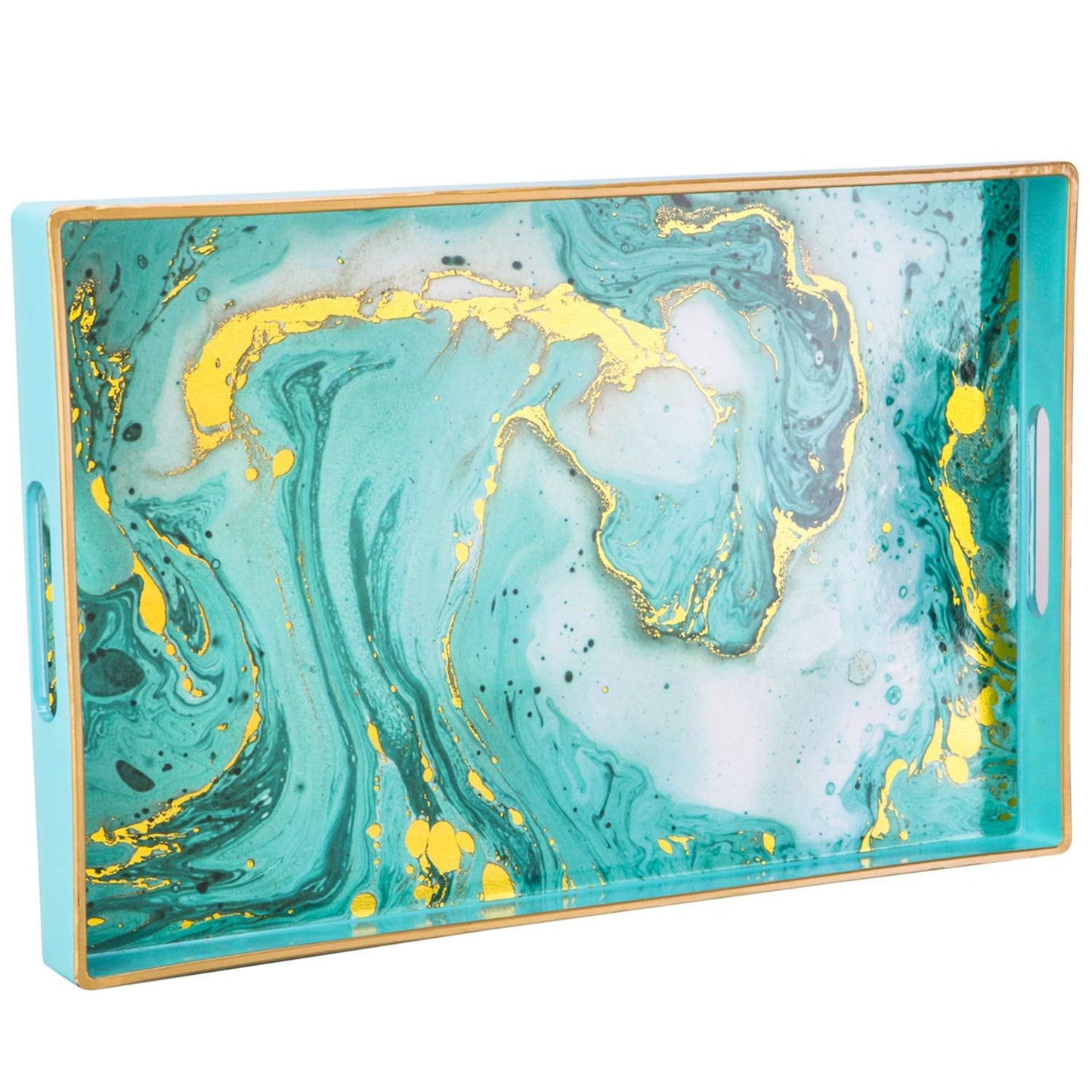 Zosenley Decorative Tray, Marbling Plastic Tray with Handles, Rectangular Vanity Tray and Serving Tray for Bathroom, Kitchen, Ottoman and Coffee Table, 15.6" x 10.2" (Golden Blue)