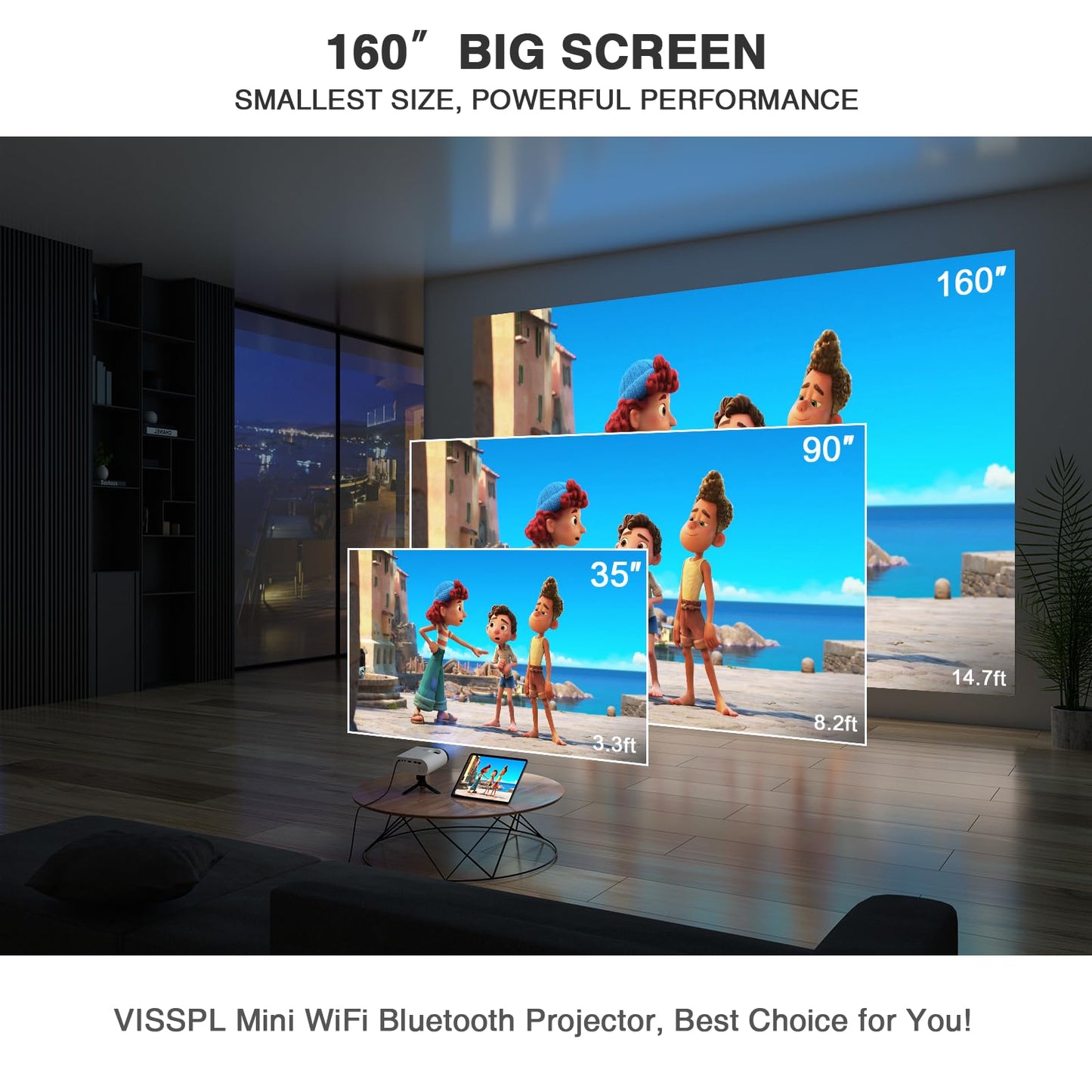 Mini Projector with WiFi and Bluetooth, VISSPL Full HD 1080P Projector, Portable Outdoor Projector with Tripod, Home Theater Movie Phone Projector Compatible with Android/iOS/Windows/TV Stick/HDMI/USB
