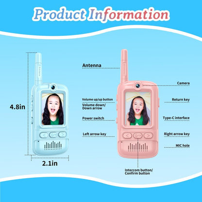 Video Walkie Talkies for Kids Rechargeable Walkie Talkies Long Range with Emoji Chat and Photo Functions Multifunctional Indoor Outdoor Toys for Kids Christmas Birthday Gifts (Pink&Blue)