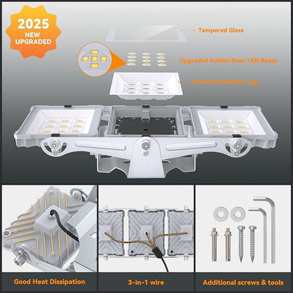 900W 2025 Plus New Upgraded LED Flood Light Outdoor, 90000LM Super Bright Stadium Lights, 6000K Daylight White, IP66 Waterproof, 3 Heads Adjustable Floodlight for Sports Fields, Court