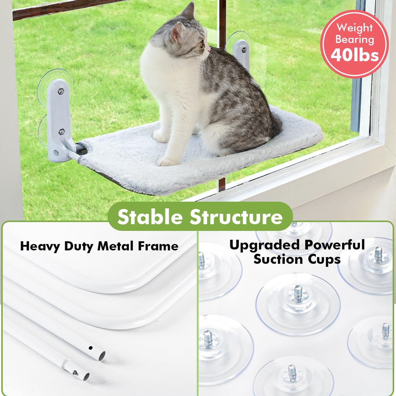 2PC Cat Window Perch Cordless Foldable Cat Hammock Bed for Window with Metal Frame and Reversible Cover, Large Suction Cups Window Resting Seat for Indoor Cats (Cat Bed, M-2PC)