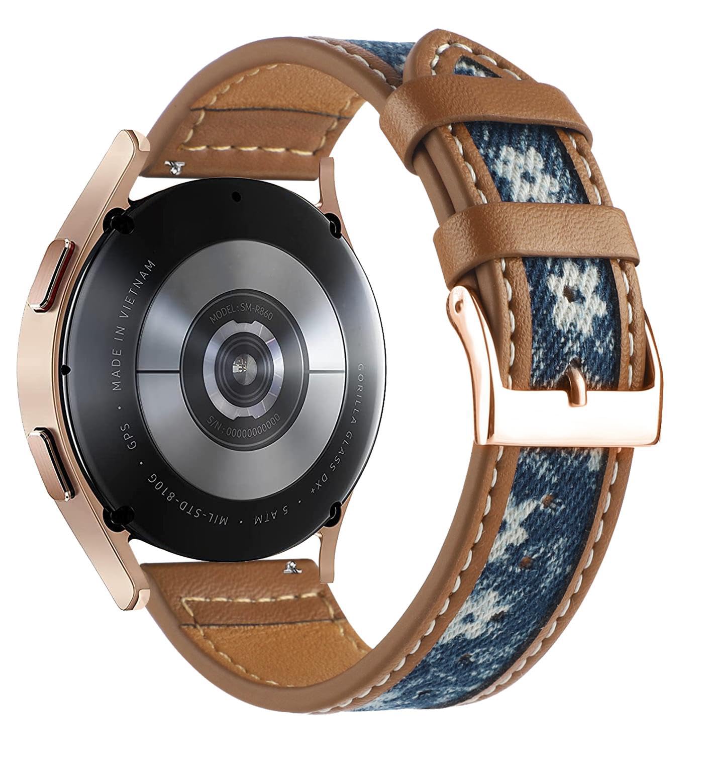 Abanen Denim Leather Watch Band for Samsung Galaxy Watch 4 / Galaxy Watch 5, 20mm Canvas Fabric Strap with Soft PU Leather Lining Wristband for Galaxy Watch 4 Classic 42mm / 46mm (Brown-Blue)
