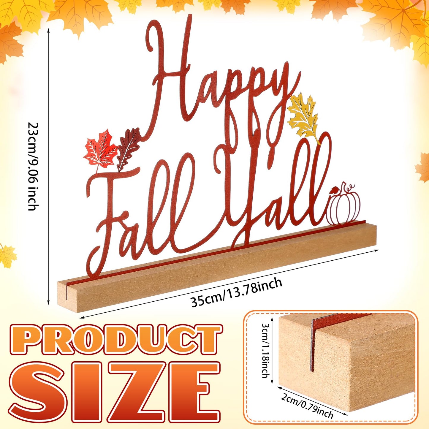 Yaocom 13.78 Inch Thanksgiving Fall Table Sign Happy Fall Y'all Metal Letter Decor Autumn Freestanding Tabletop Decoration with Wood Base Cutout Word Sign for Home Centerpiece Mantel Shelf Fireplace