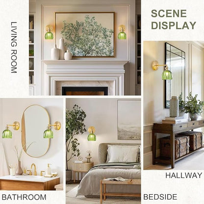 Hardwired Wall Sconce Light, Vintage Wall Sconce with Switch, Gold Wall Light Fixture with Tulip Green Glass Lampshade, Indoor Wall Light for Bedroom Bathroom, Bedside Wall Lamp