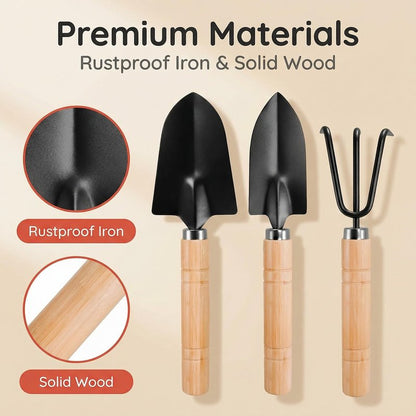 3PCS Small Garden Tools Set - Mini Garden Tools Set with Trowel, Shovel & Hand Rake Made of Rust-Resistant Iron & Solid Wood for Indoor Plants, Succulents, Bonsai, Potting & Repotting