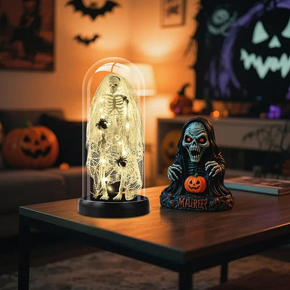 Halloween Decorations-Light-Up Skull with Spider Halloween Decor Indoor Cute Skull Tabletop Decor for Party Home Kitchen and Fireplace, 8.46"x4.2" Flickering LED Terror