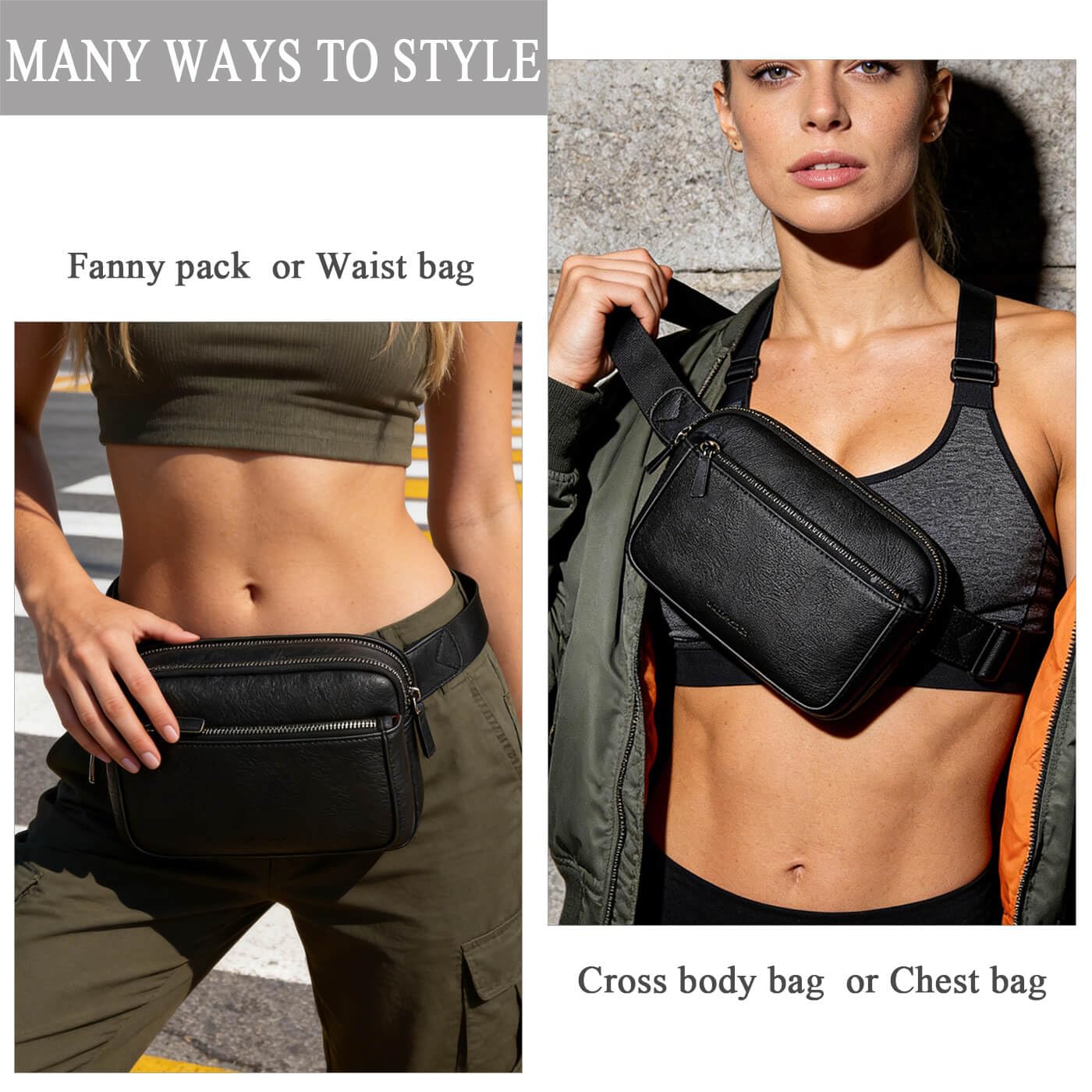 Fanny Packs for Women, Leather Vegan Belt Bag Crossbody Waist Bag Adjustable Strap, Large Fashion Everywhere Belt Bag, Black