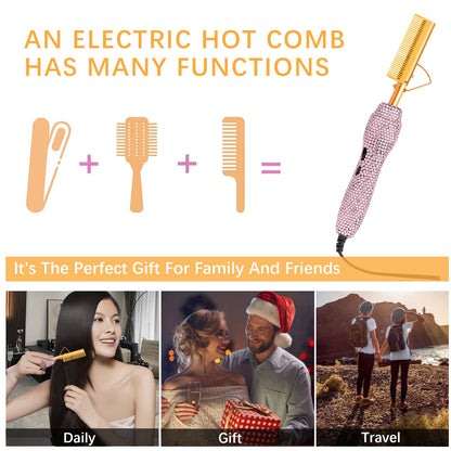 Electric Hot Comb Hair Straightener, Deluxe Electrical Straightening Comb Curling Iron for Natural Black Wigs, Hot Comb Electric for Wigs Pressing Combs with Wig Glue Melting Spray Hair Wax Stick