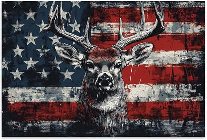 Yesad American Flag Deer Canvas Wall Art, Animal Head Rustic Wall Décor Christmas Paintings Pictures Nature Artwork Modern Poster for Farmhouse, Living Room, Bedroom, Office (Unframed,12”x8”,Deer1)